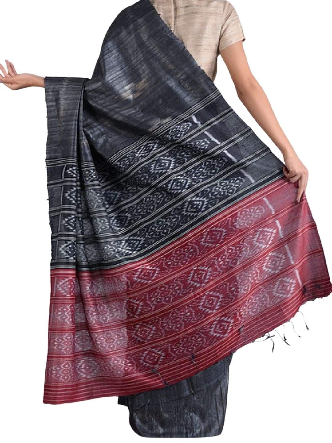 Black Tussar Ghicha Silk Sambalpuri Ikat Saree - Crafts Collection