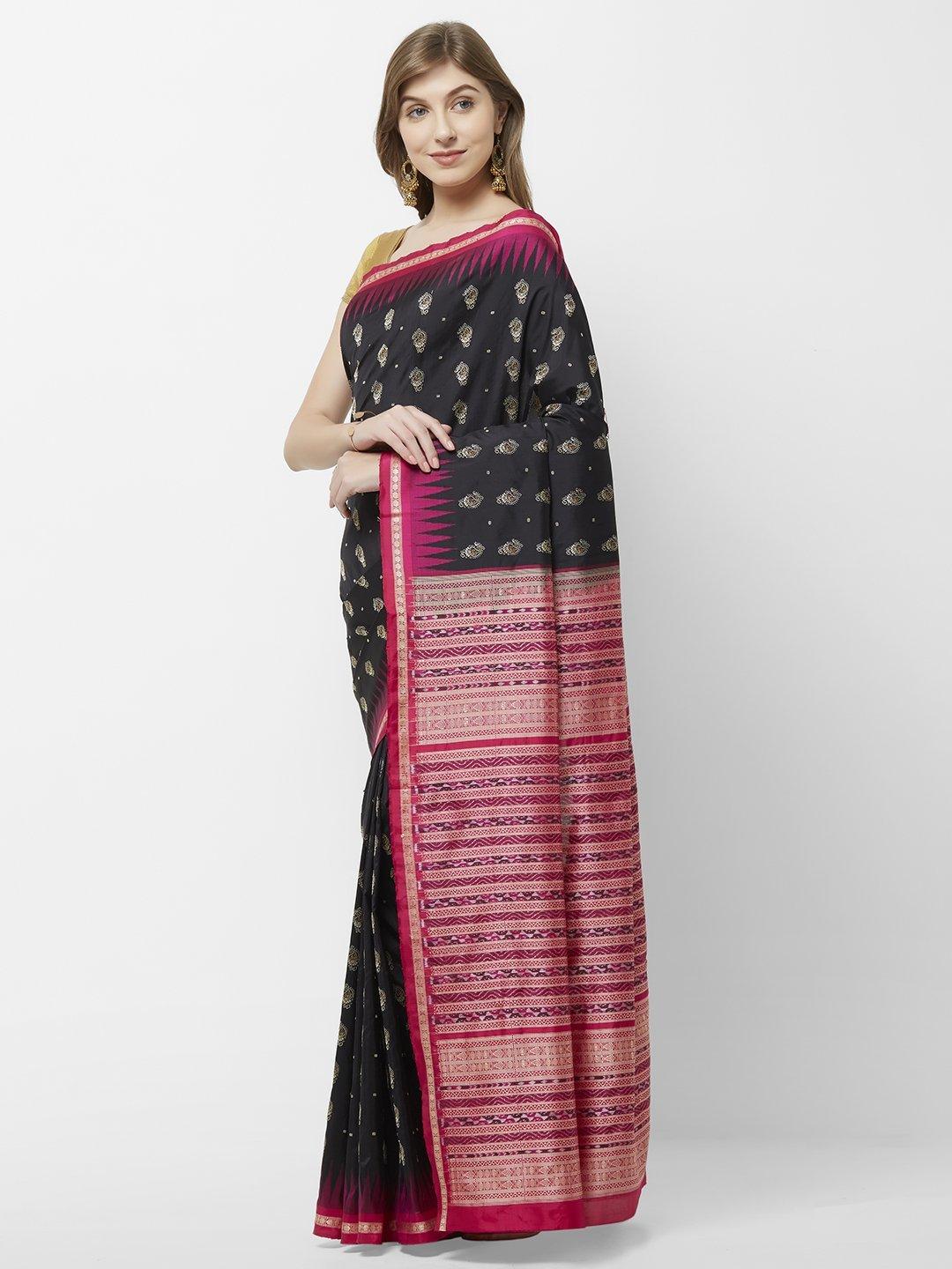 CraftsCollection.in - Black and Magenta Bomkai Silk Saree