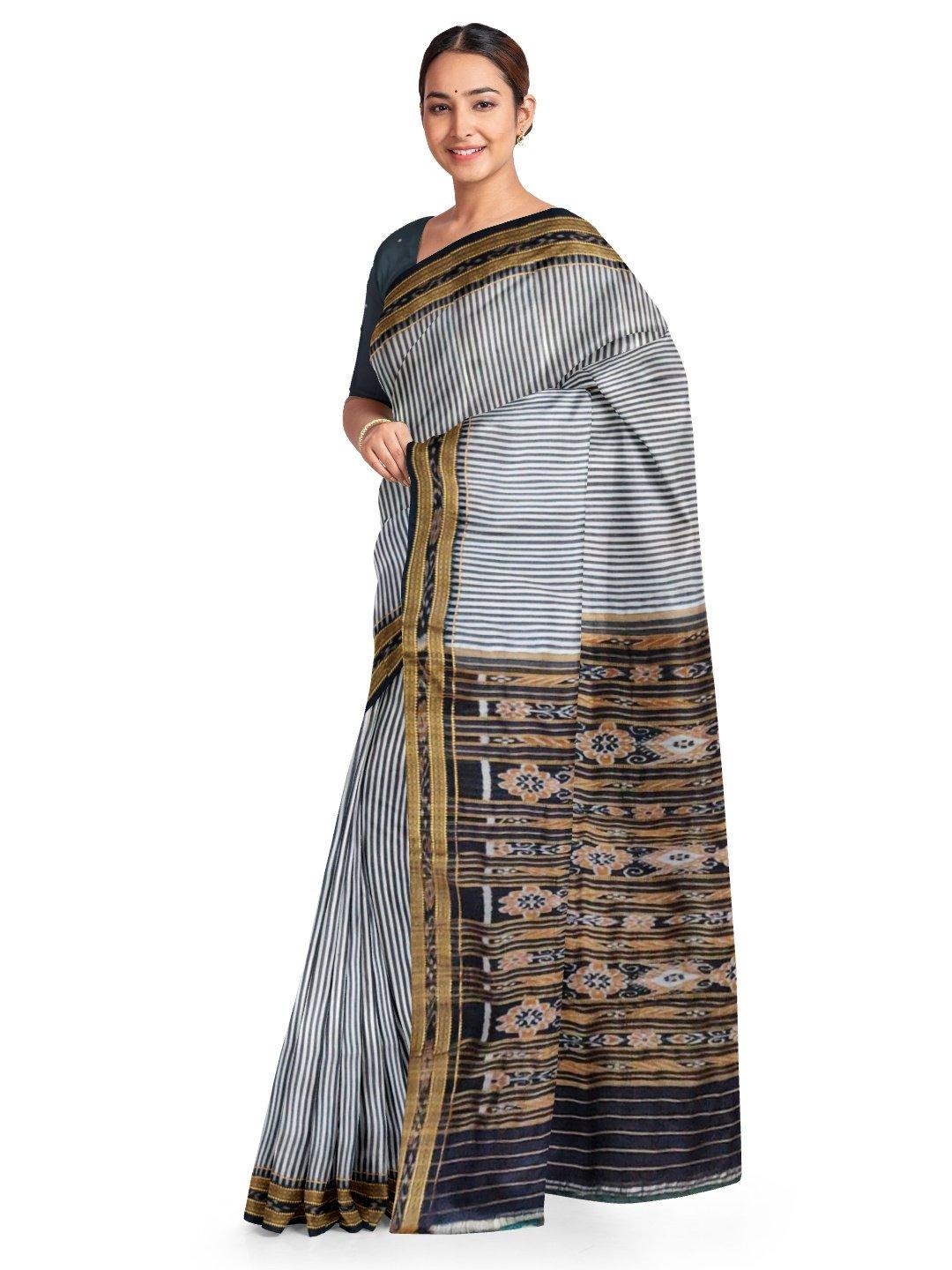 White and Black Odisha Khandua Sambalpuri Silk Saree - Crafts Collection
