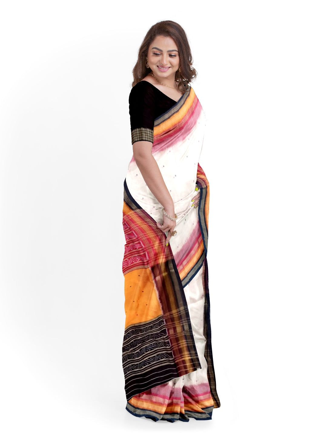 White Kathiphera Odisha Ikat Silk Saree with black blouse piece