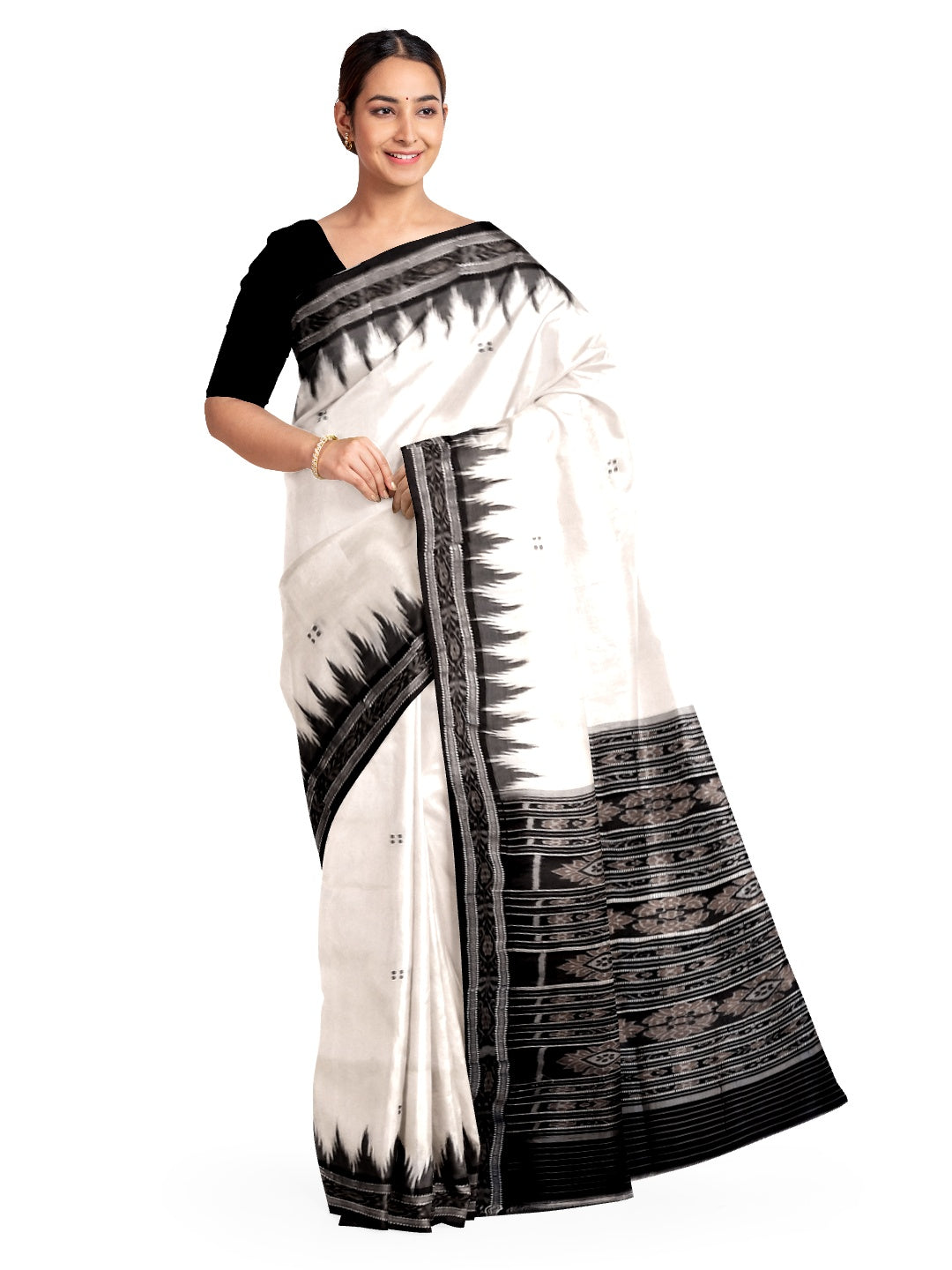 White and Black Odisha Khandua Silk Saree