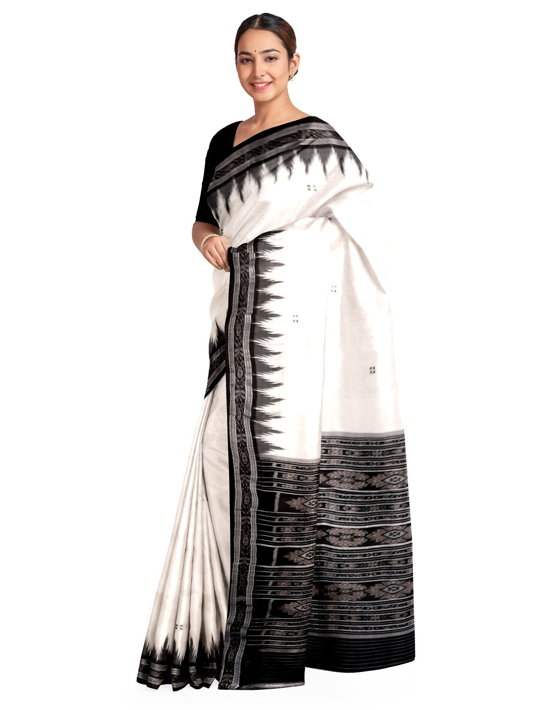 White and Black Odisha Khandua Silk Saree