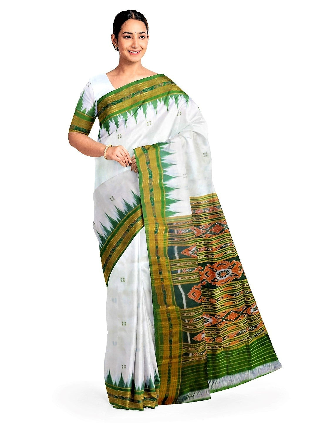 White and Green Odisha Khandua Silk Saree with running blouse piece