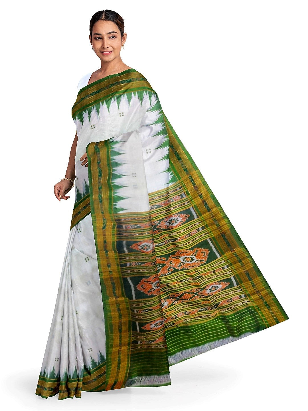 White and Green Odisha Khandua Silk Saree with running blouse piece