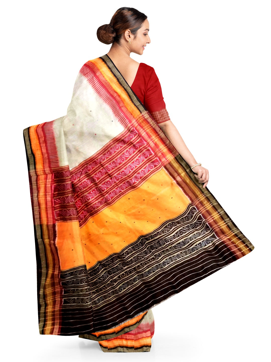 Offwhite Kathiphera Odisha Ikat Silk Saree with red blouse piece