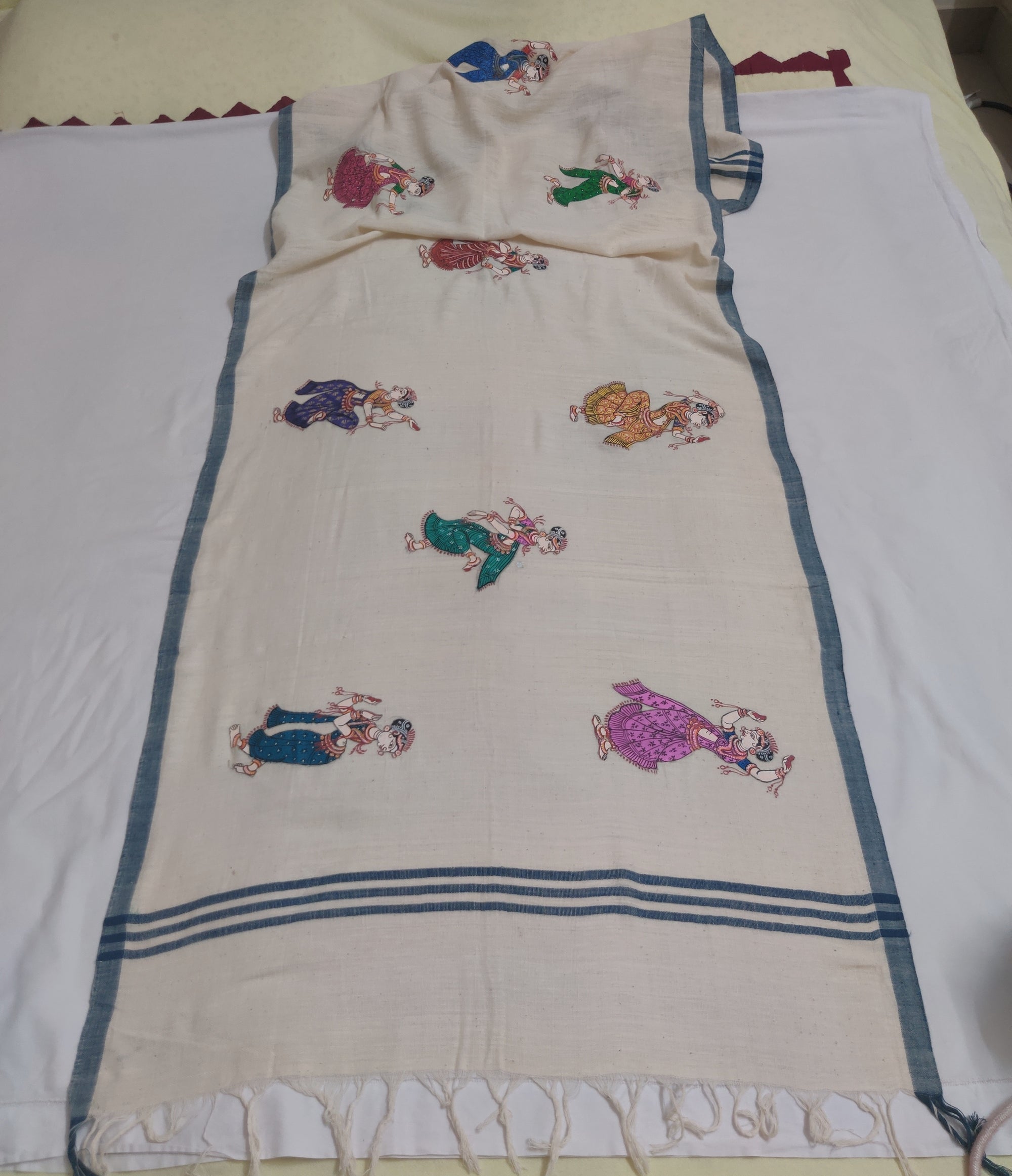 Off white Khadi Cotton Stole with handpainted Pattachitra Motifs