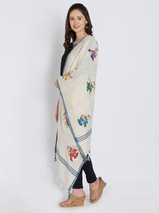 CraftsCollection.in - Off-White Khadi Cotton Stole with Pattachitra Motifs