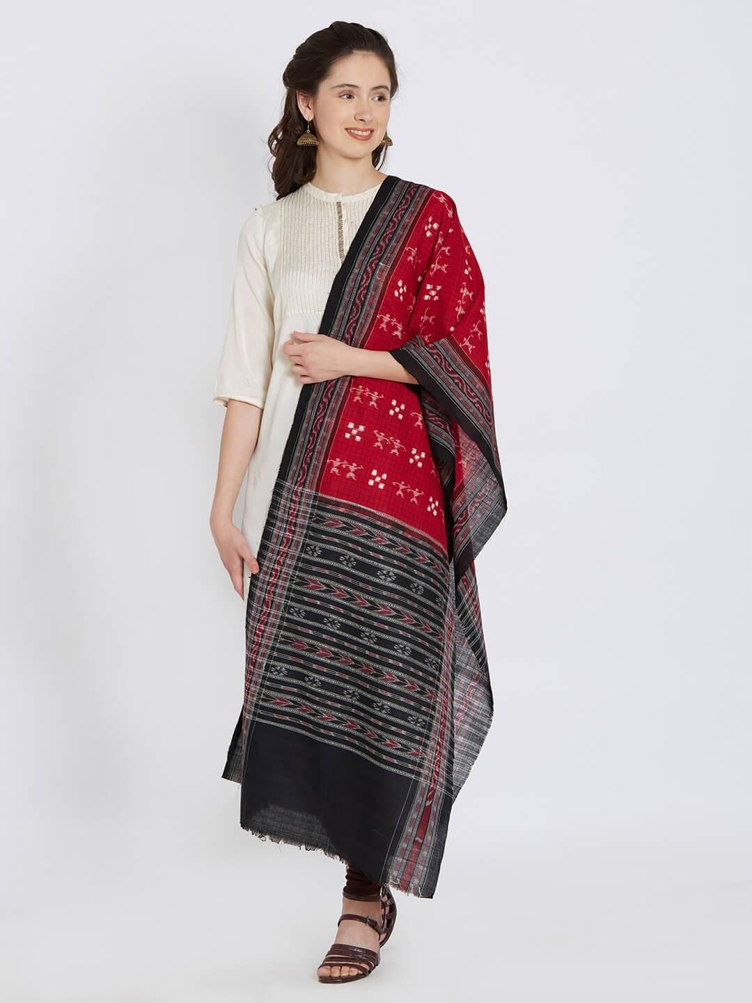 CraftsCollection.in - Red Sambalpuri Stole with Tribal Woven Motifs
