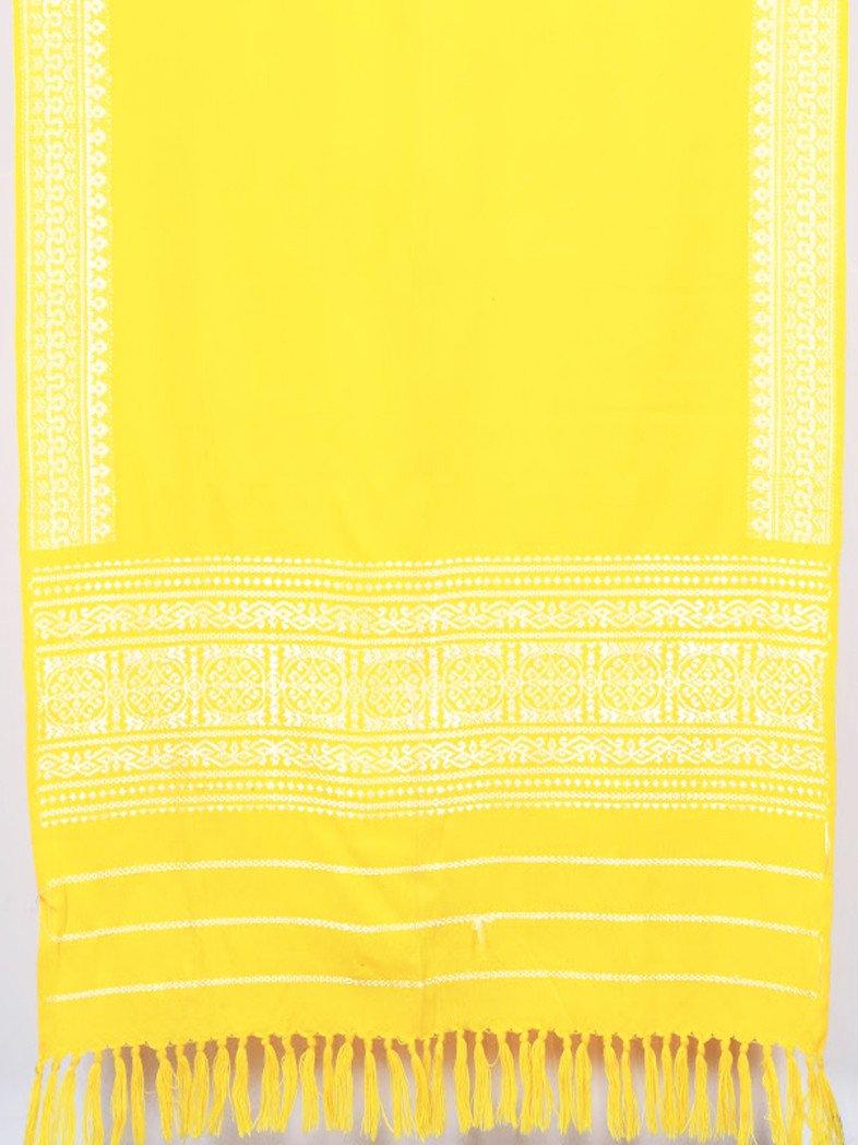 CraftsCollection.in - Woollen Yellow Stole with Woven Temple Border