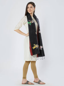 CraftsCollection.in - Black Red Silk Stole with Pattachitra Motifs