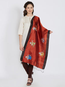 CraftsCollection.in - Maroon Black Silk Stole with Pattachitra Motifs