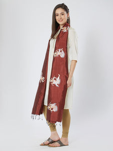 CraftsCollection.in - Maroon Silk Stole with Pattachitra Motifs