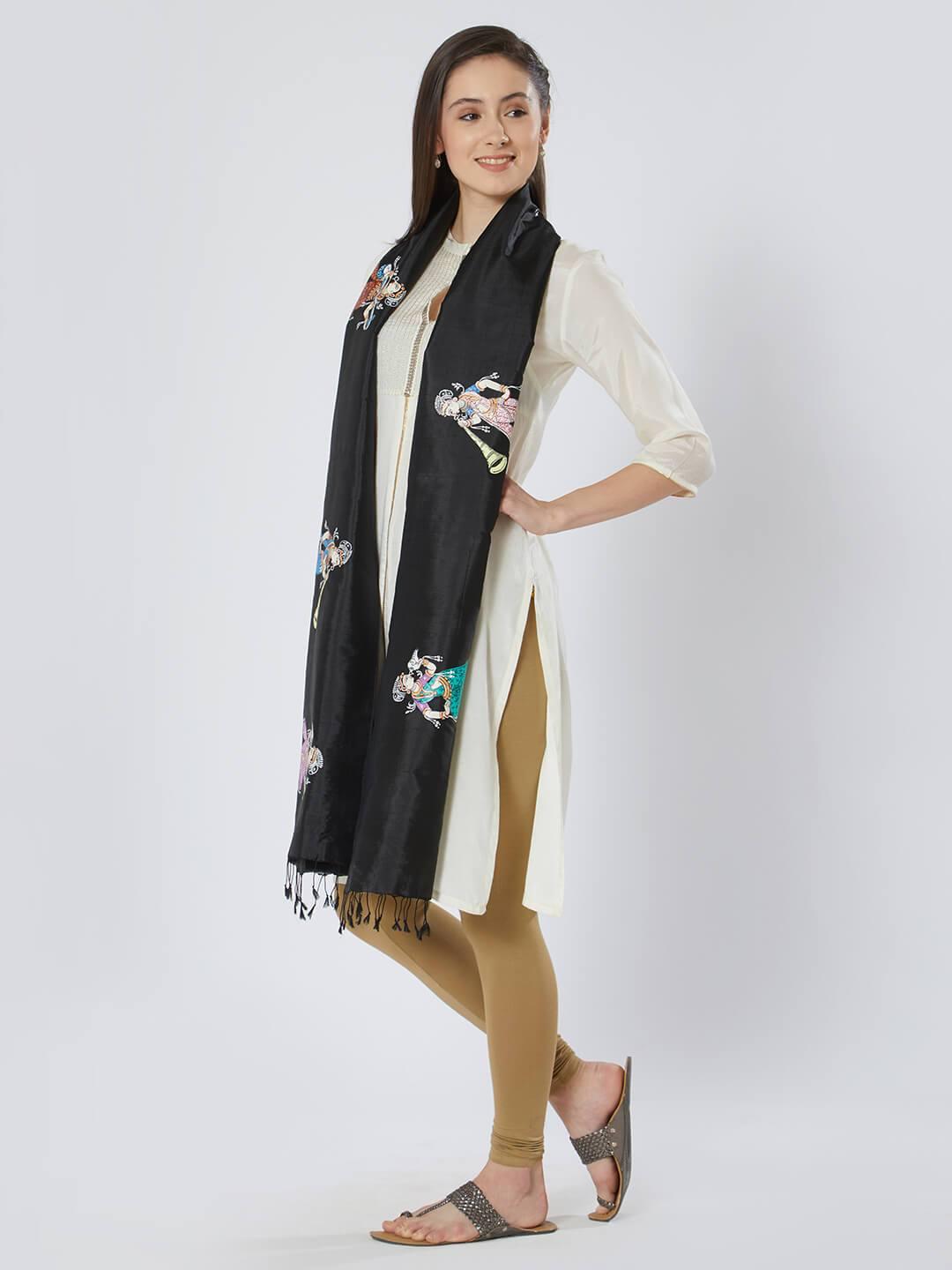 CraftsCollection.in - Black Silk Stole with Pattachitra Motifs