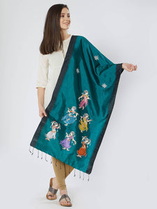CraftsCollection.in - Green Black Silk Stole with Pattachitra Motifs