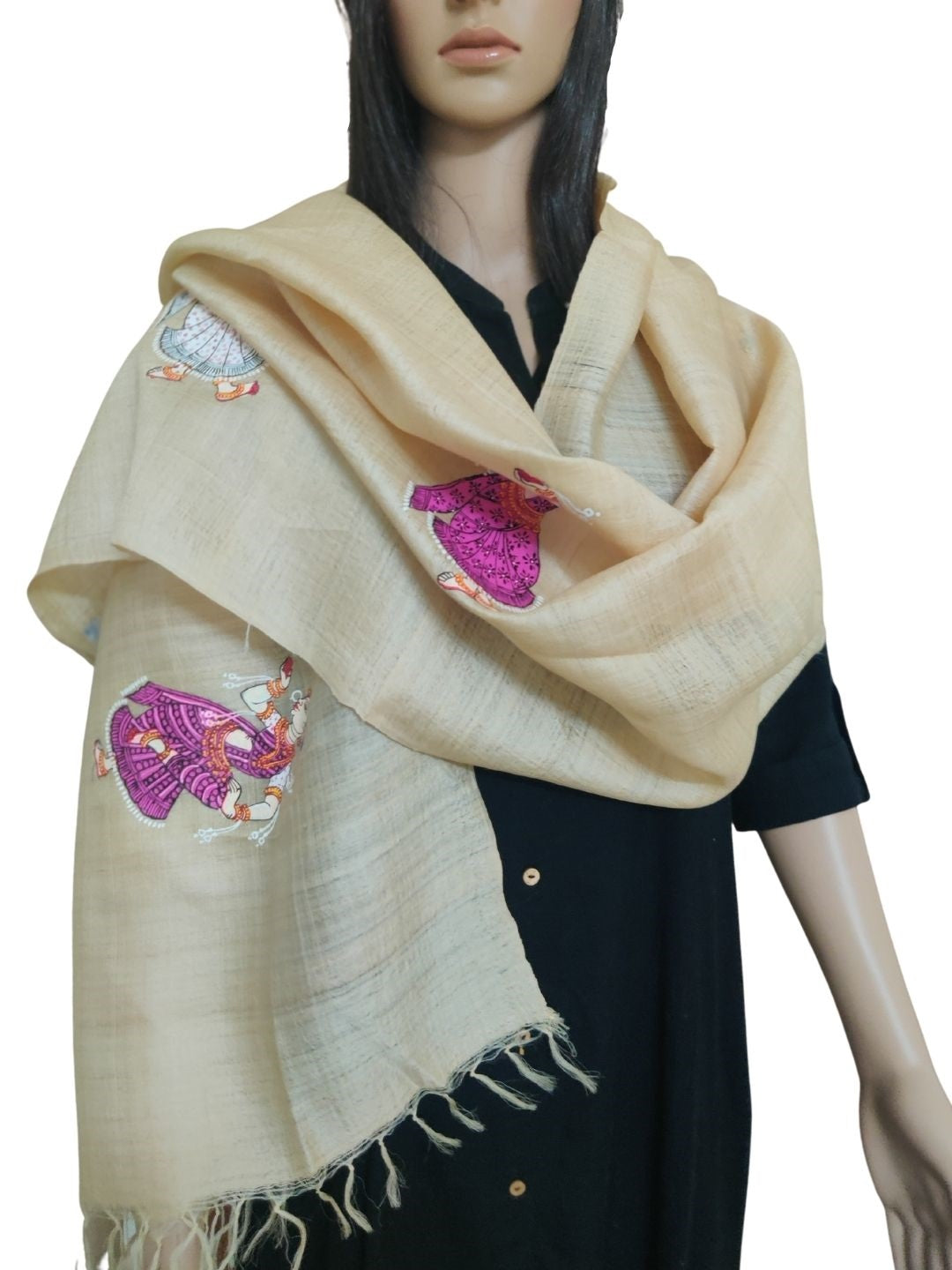 Beige Tussar Silk Stole with handpainted Pattachitra Motifs