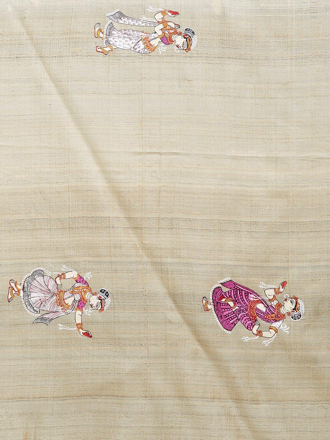 CraftsCollection.in -Beige Tussar Silk Stole with handpainted Pattachitra motifs