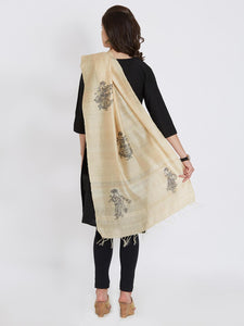 CraftsCollection.in - Beige Tussar Silk Stole with Pattachitra Motifs