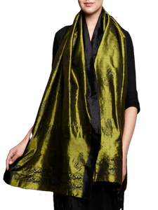 CraftsCollection.in - Olive Silk Stole with Hand Block Motifs