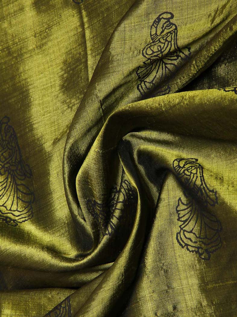 CraftsCollection.in - Olive Silk Stole with Hand Block Motifs