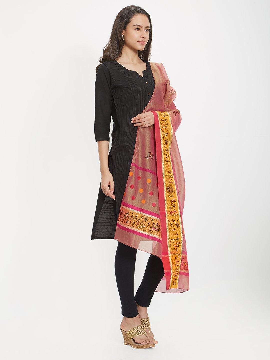 Maheswari Silk  Stole with Hand-painted Tribal Art - Crafts Collection
