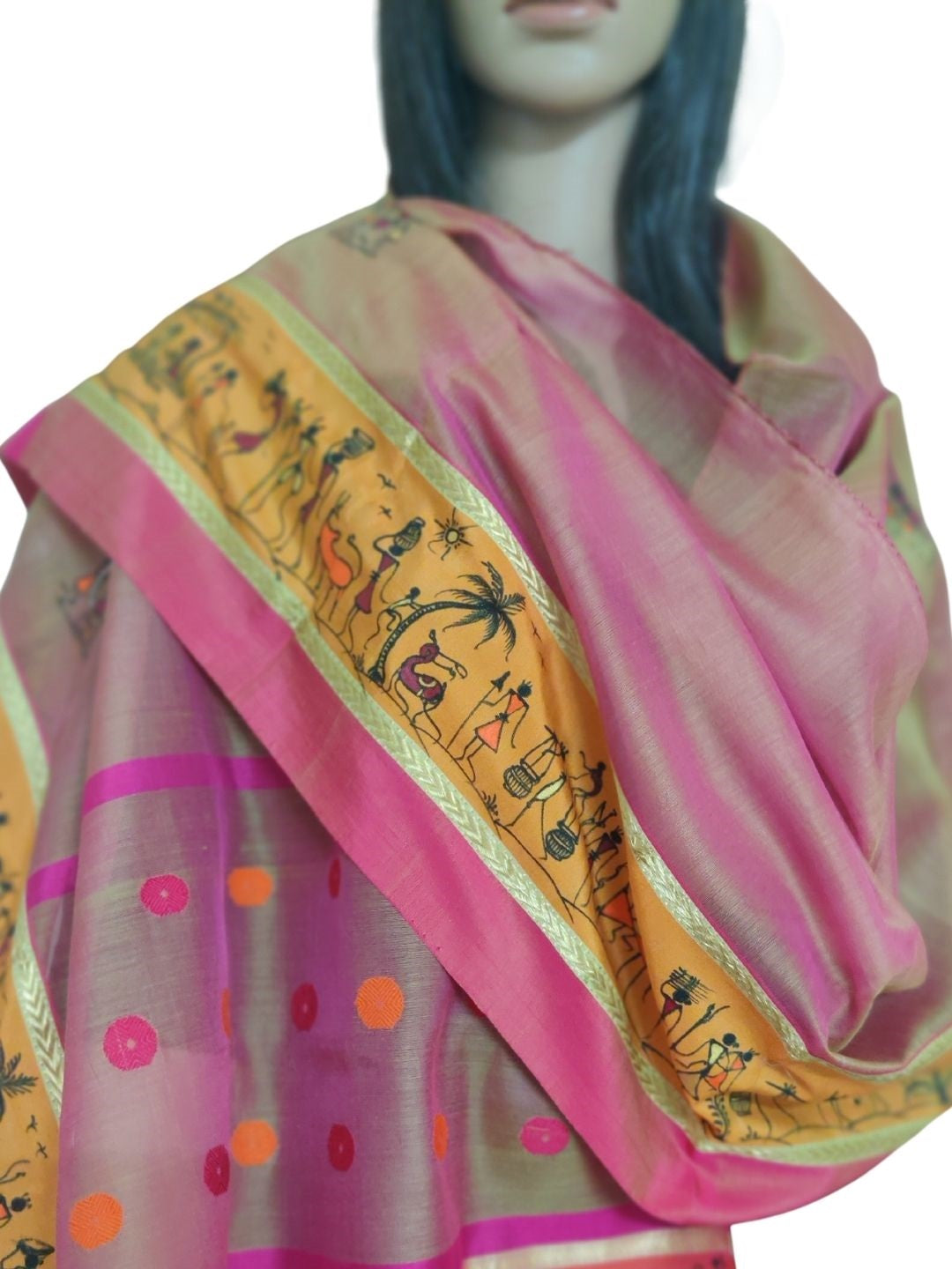 Peach Maheswari Silk  Stole with handpainted Tribal Motifs