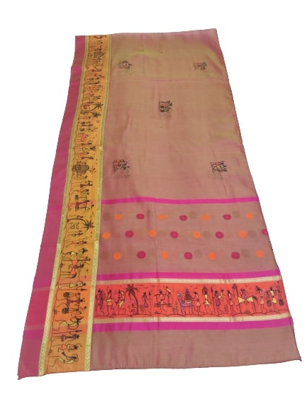 Peach Maheswari Silk  Stole with handpainted Tribal Motifs