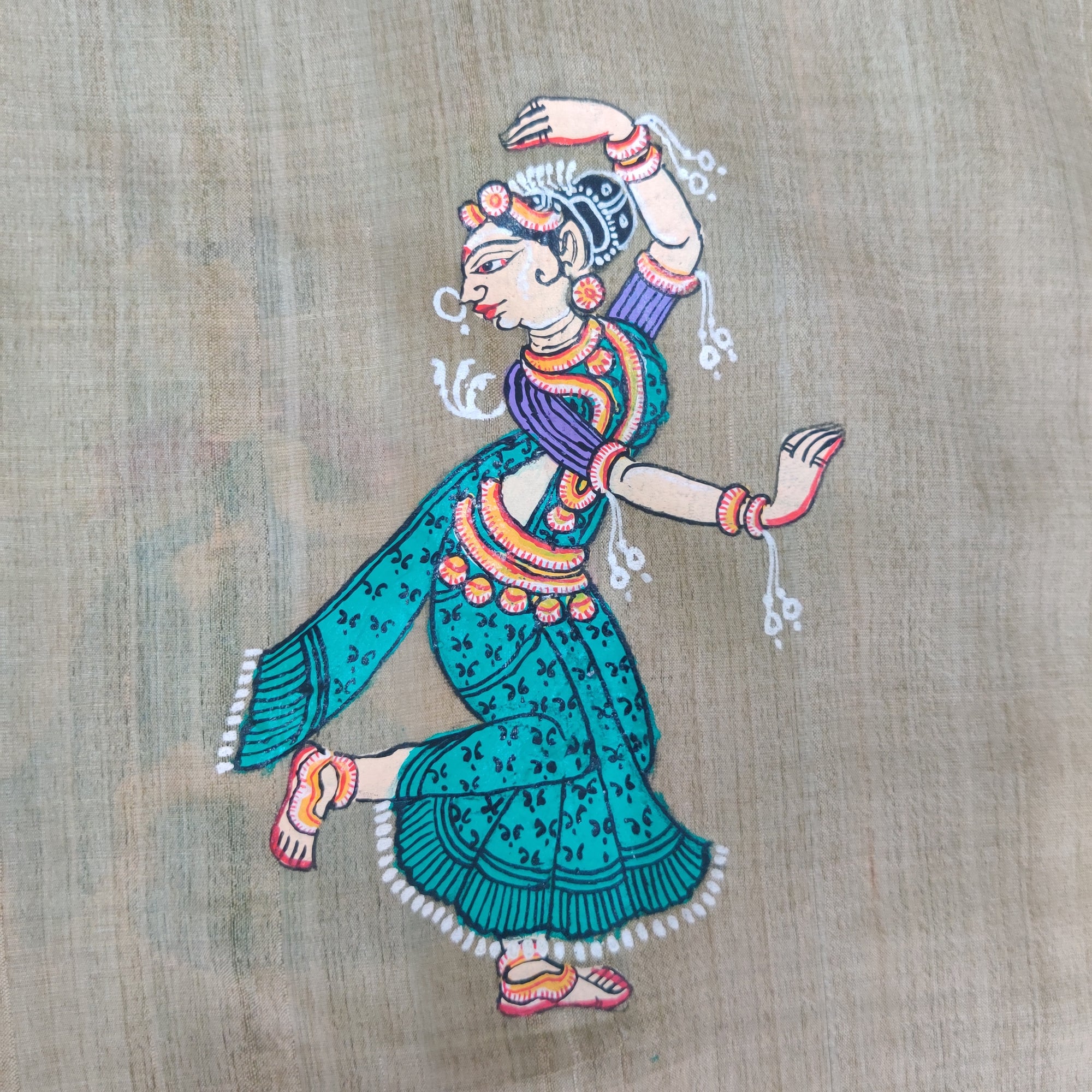 Half Half coloured Tussar Silk Stole with handpainted Pattachitra Motifs