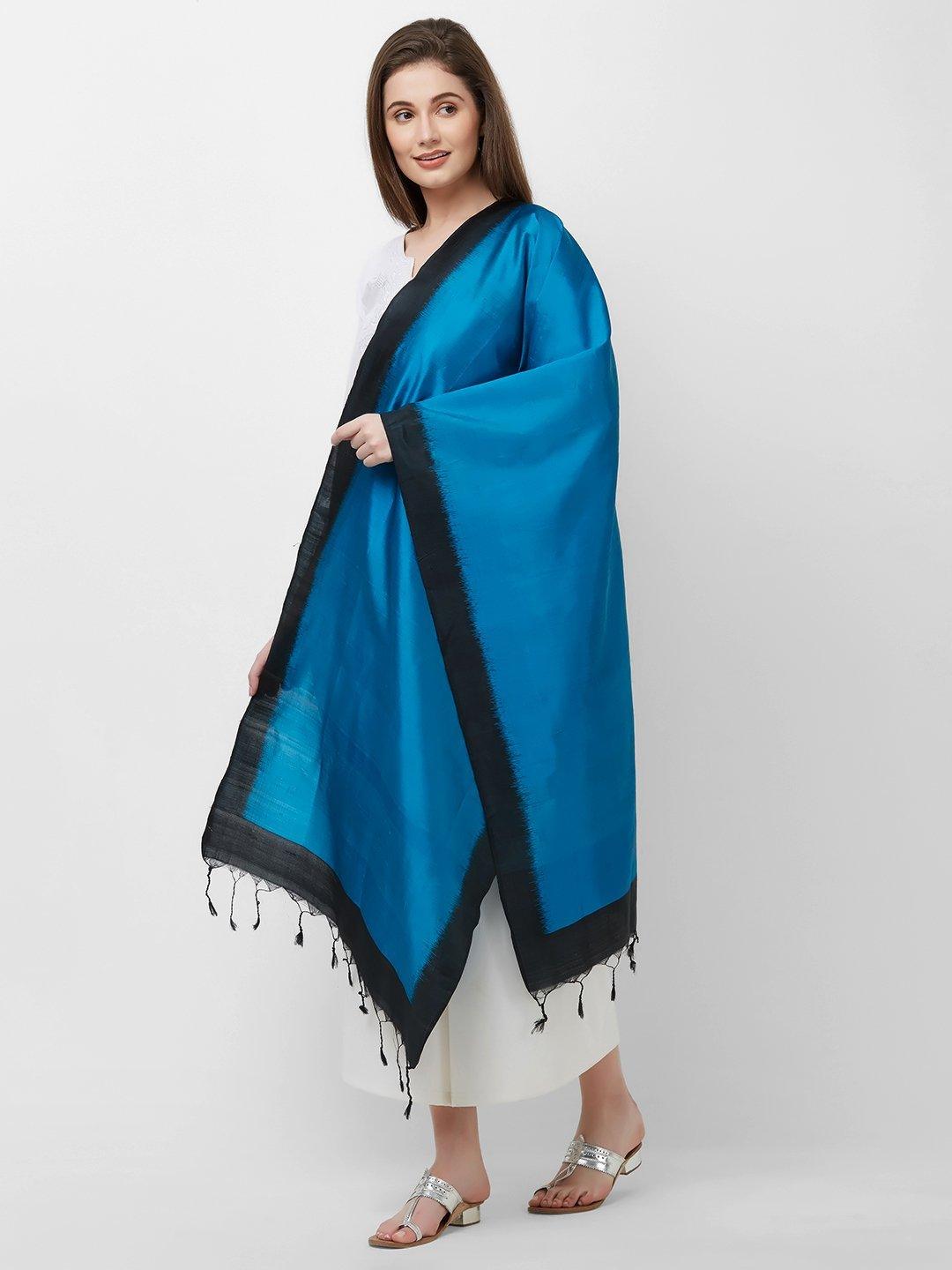 CraftsCollection.in -Blue and Black Pure Silk Stole