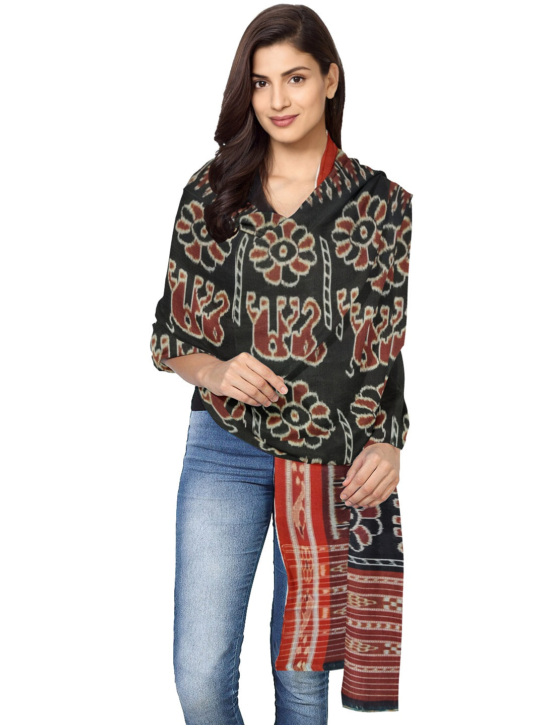 Black and Rust Cotton ikat Dupatta with elephant and flower motifs woven