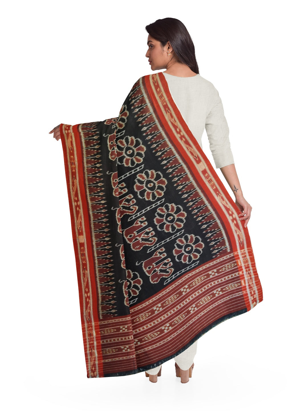 Black and Rust Cotton ikat Dupatta with elephant and flower motifs woven