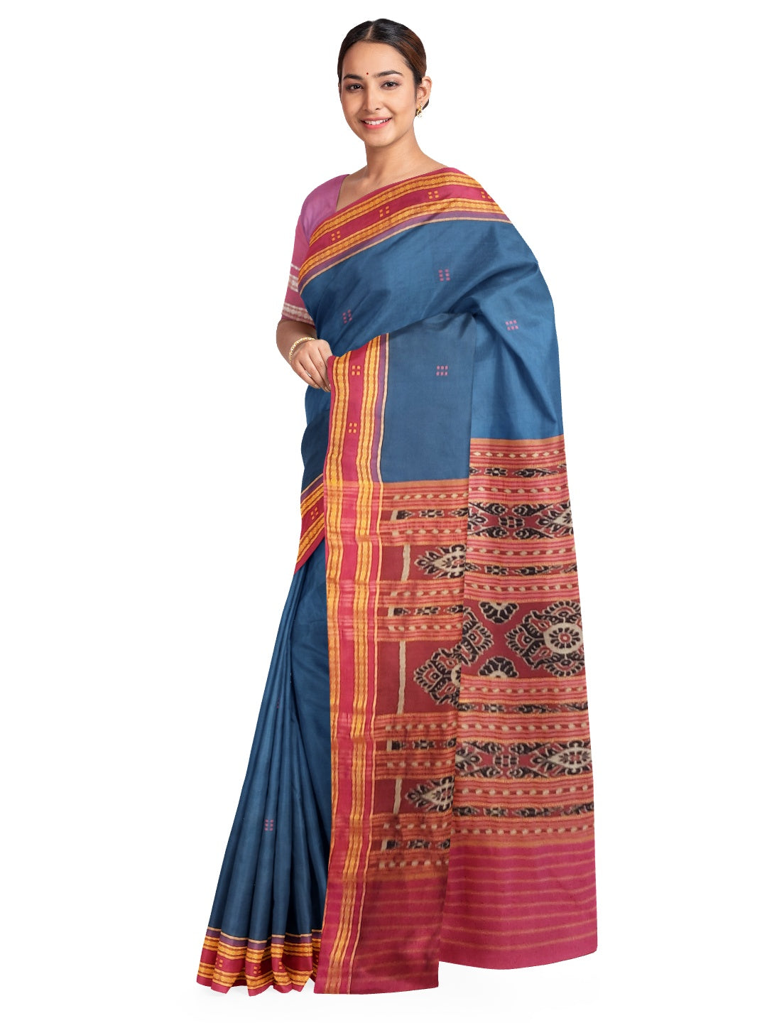Blue and Pink Khandua Silk Saree with running blouse piece