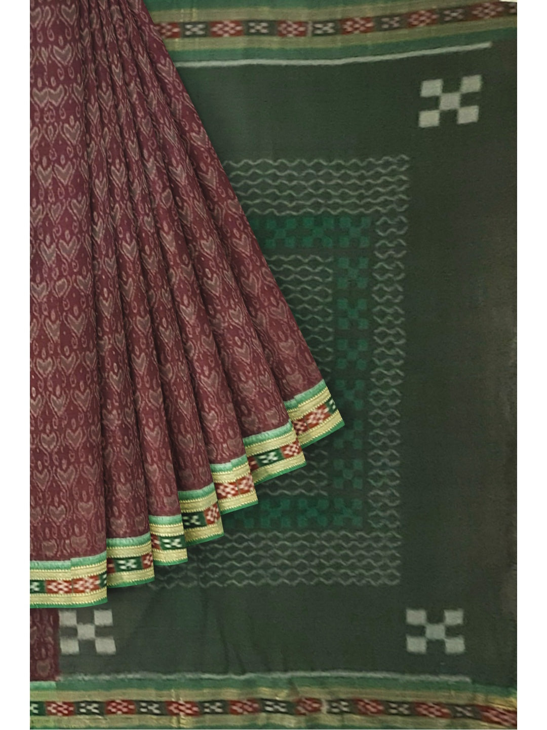 Maroon and Green Odisha Ikat saree with cotton Sambalpuri Ikat blouse