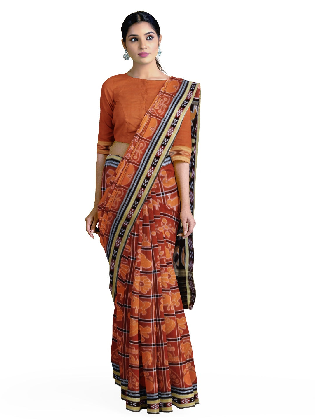Rust Nabarangi Cotton Odisha Ikat saree with cotton ikat blouse piece