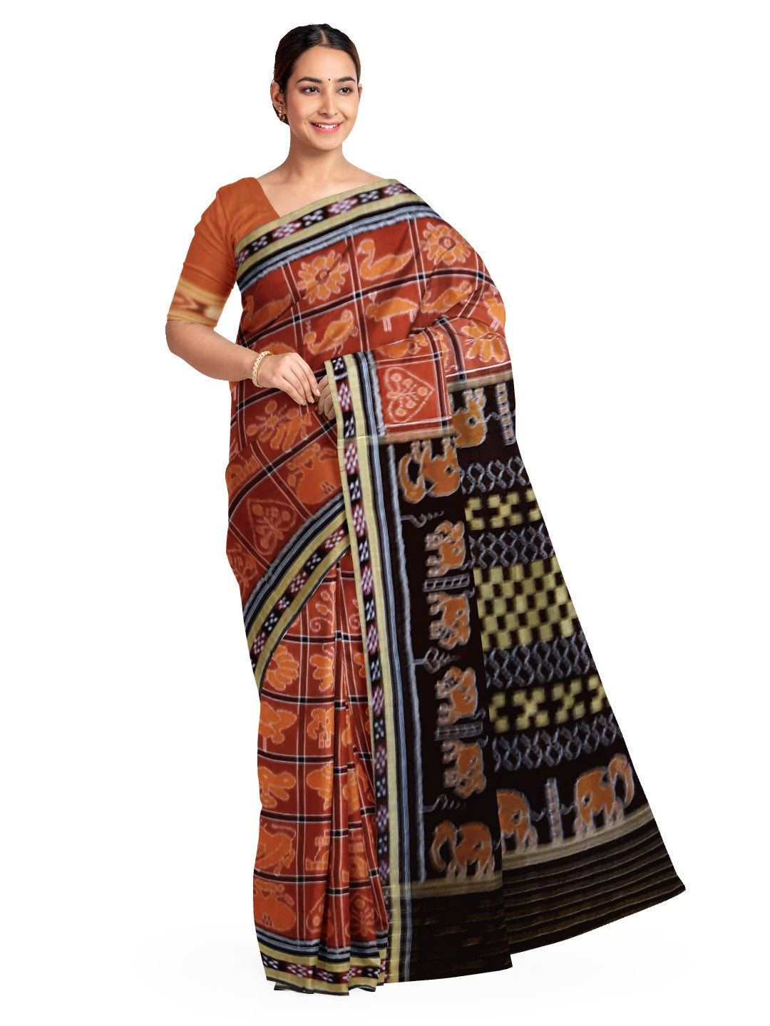Rust Nabarangi Cotton Odisha Ikat saree with cotton ikat blouse piece