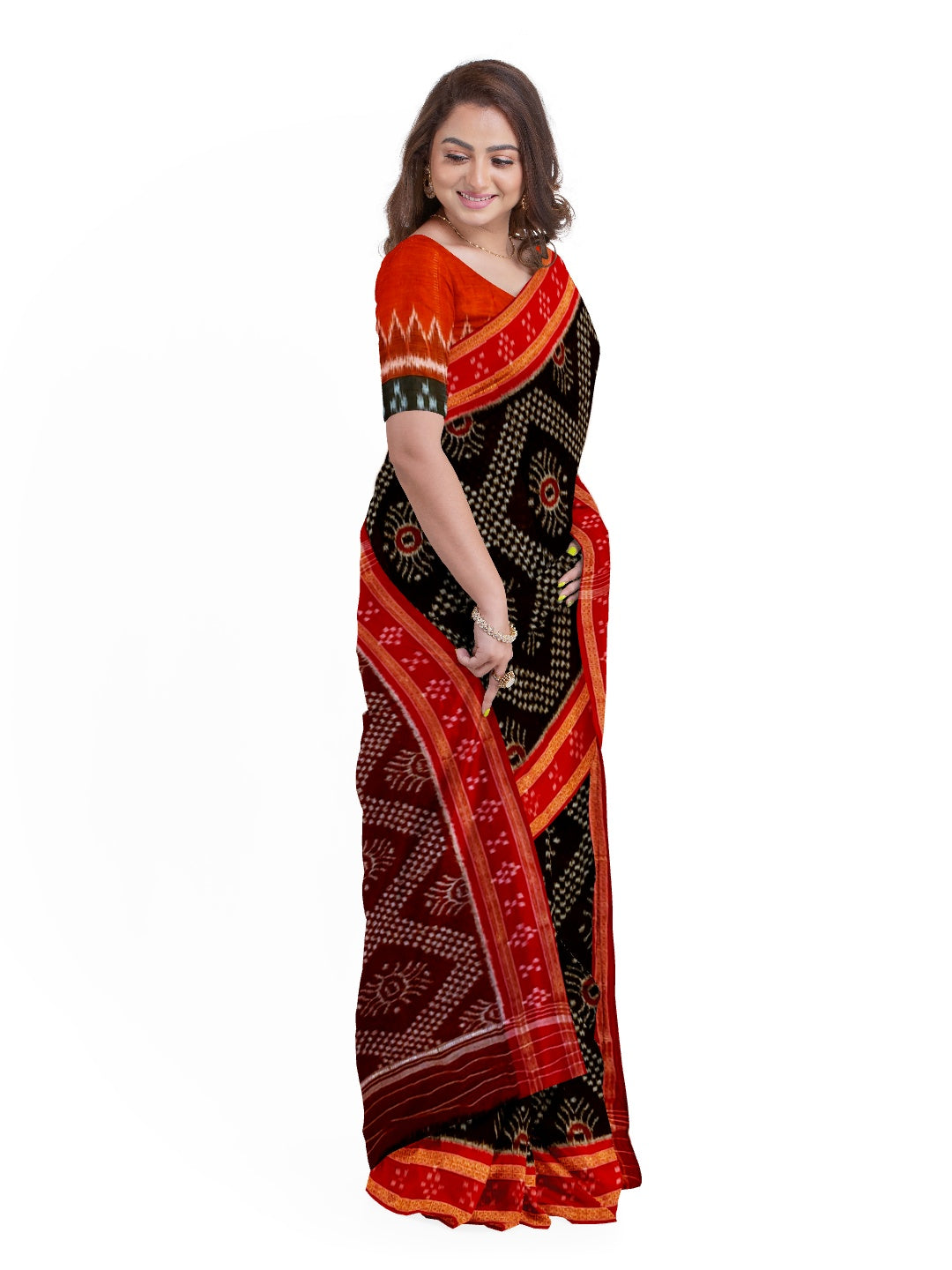 Black and red cotton Odisha ikat saree with Tarabali pattern and matching blouse piece