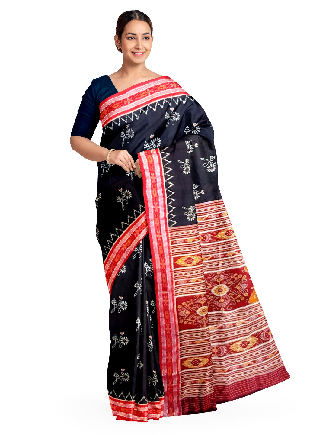 Black Odisha Khandua Silk Saree with woven flowers across body