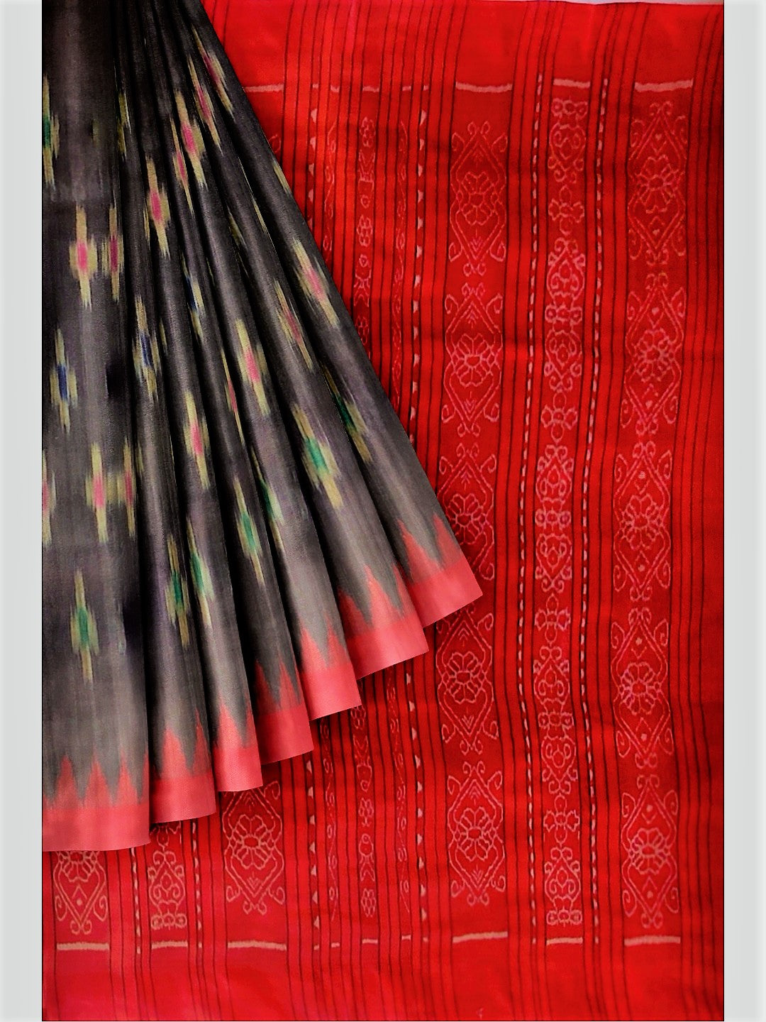 Black Tussar Silk Sambalpuri Saree with Pasapalli woven motifs and running blouse piece