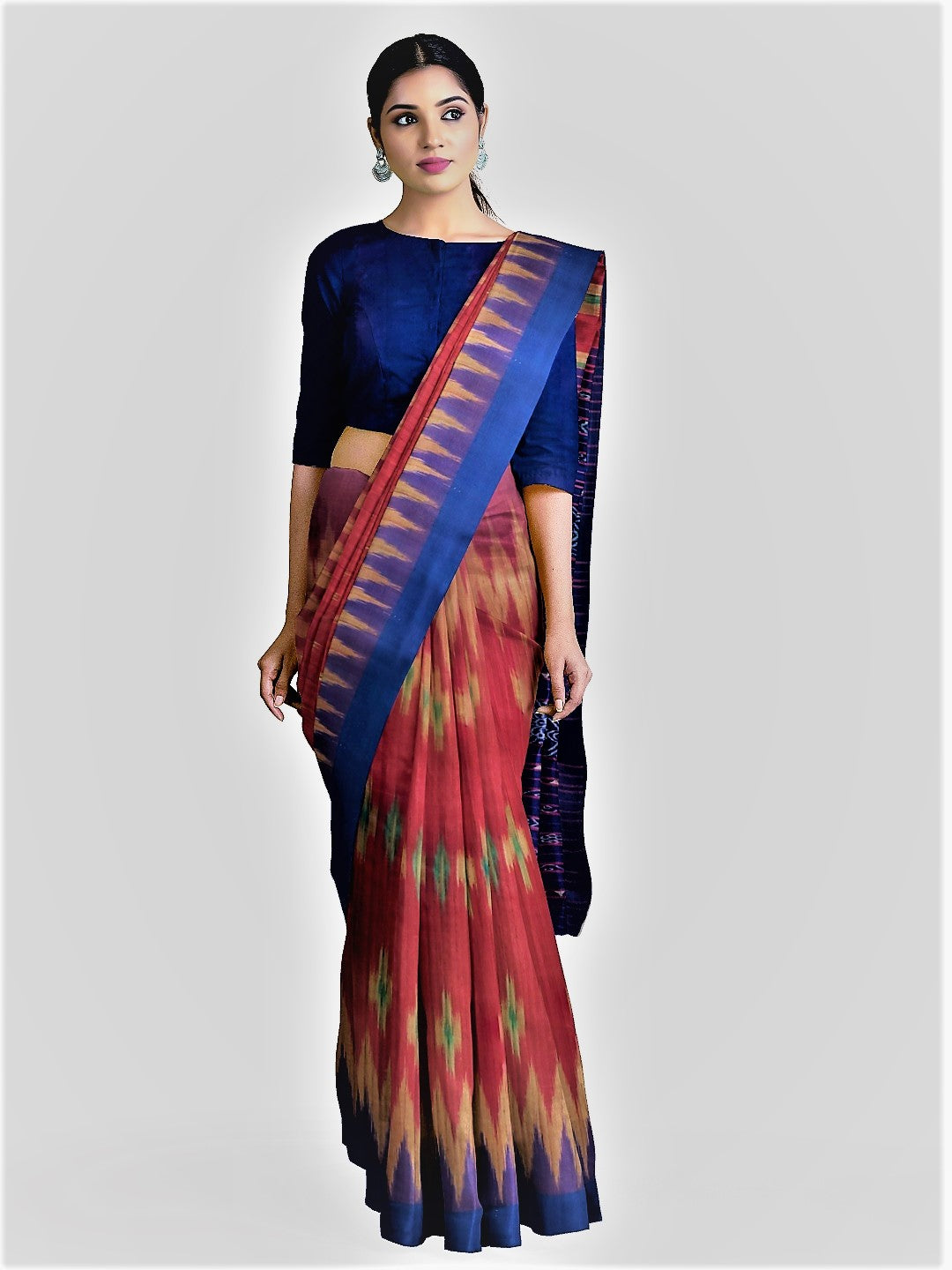 Maroon and Blue Tussar Silk Sambalpuri Saree with Pasapalli woven motifs and running blouse piece