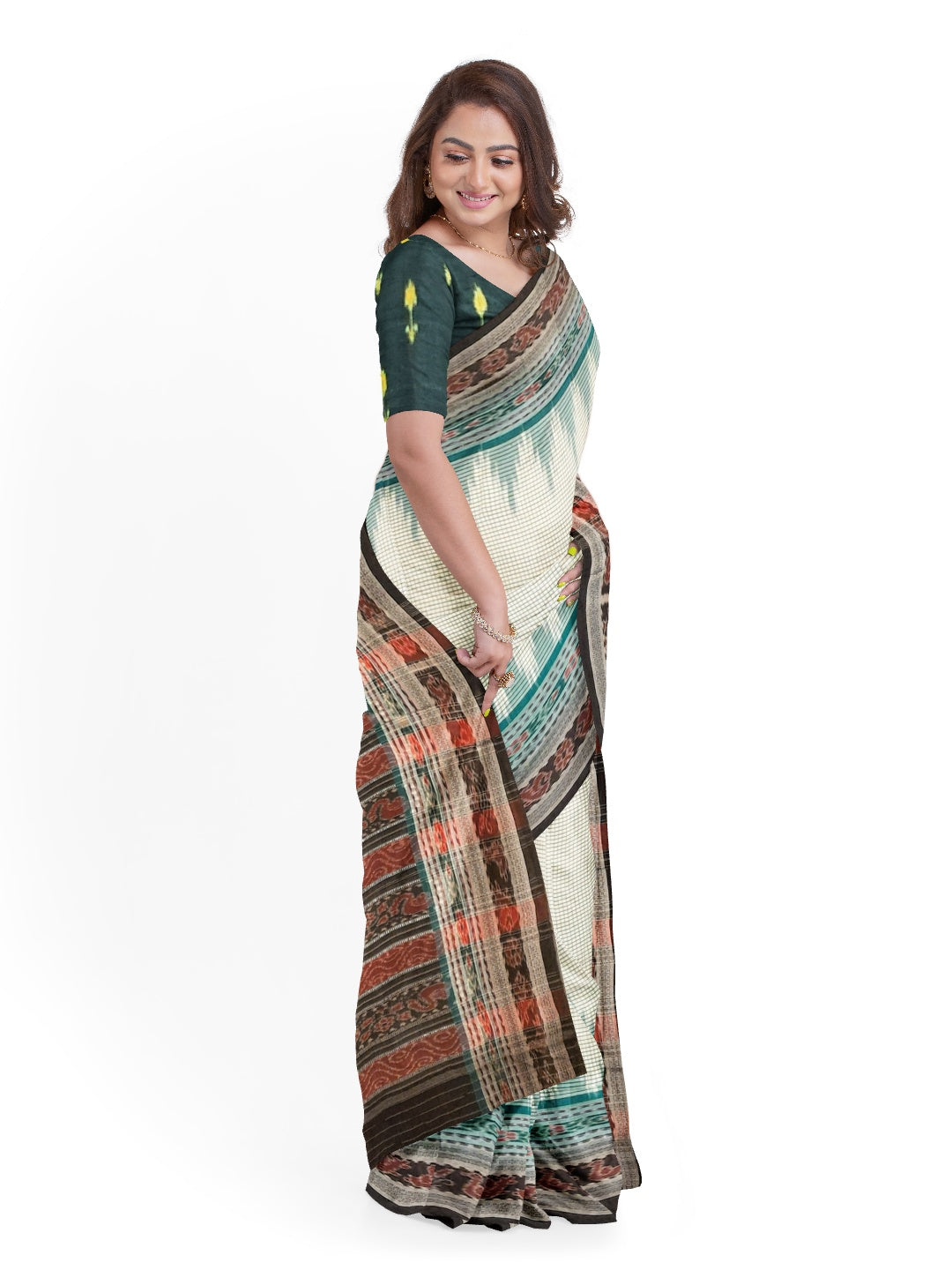 Green and Offwhite Sachipar Nuapatna Cotton Ikat saree with sambalpuri ikat blouse piece