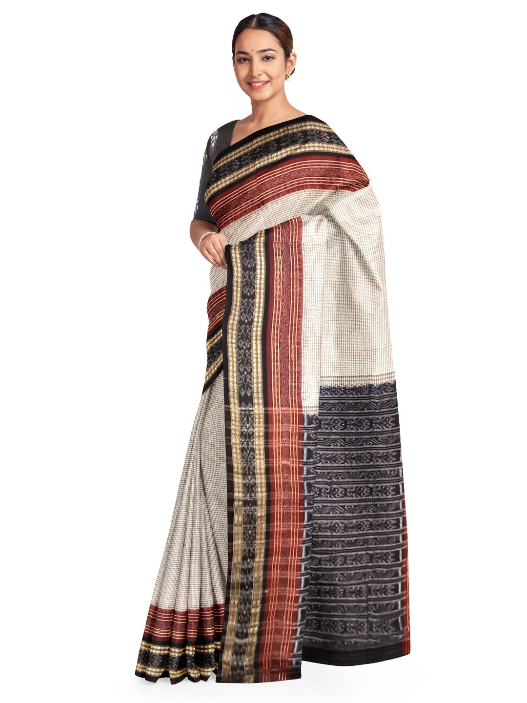 Offwhite double order Sachipar Nuapatna Cotton Ikat saree with sambalpuri ikat blouse piece