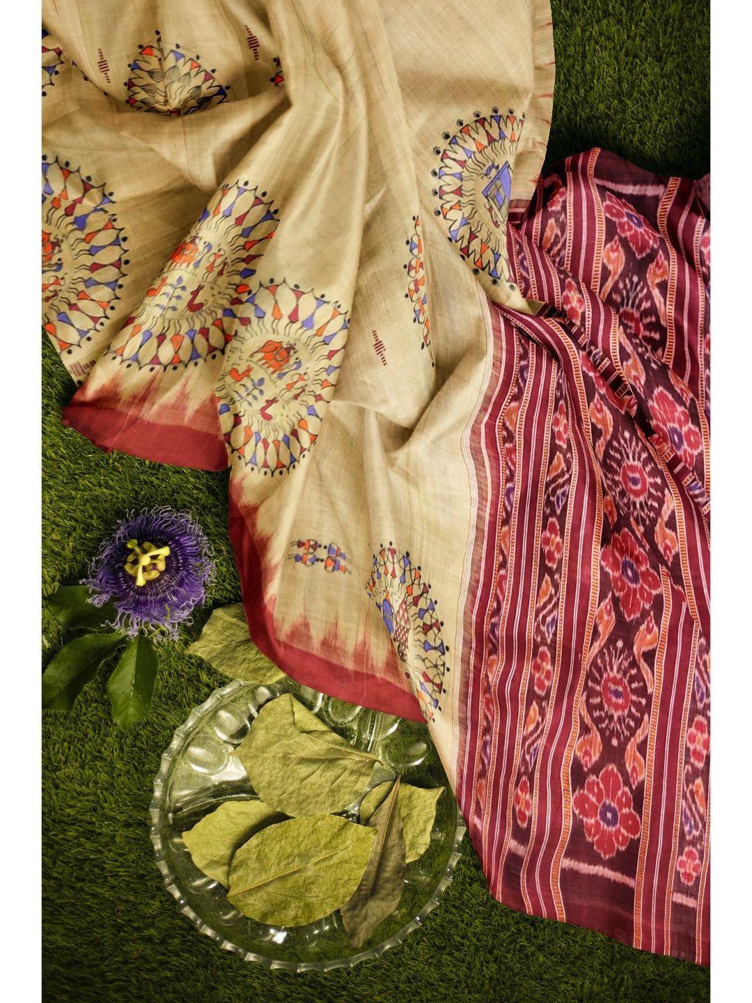 Beige Tussar Silk sambalpuri Dupatta with handpainted tribal art