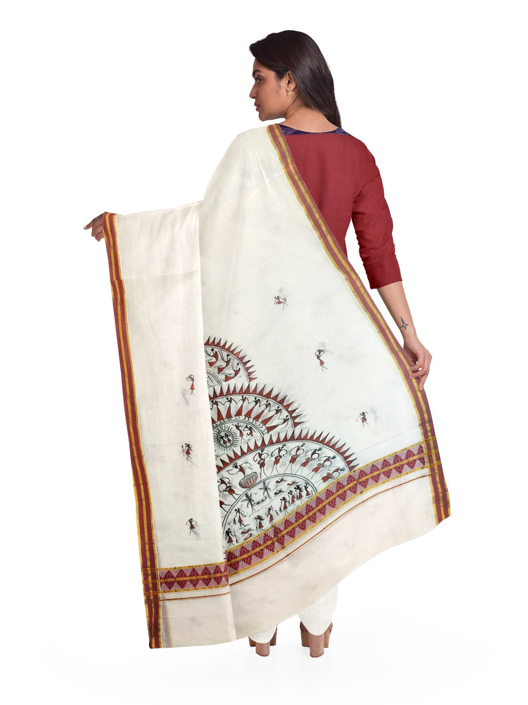 Cotton Handloom Dupatta with Hand Painted Tribal Art