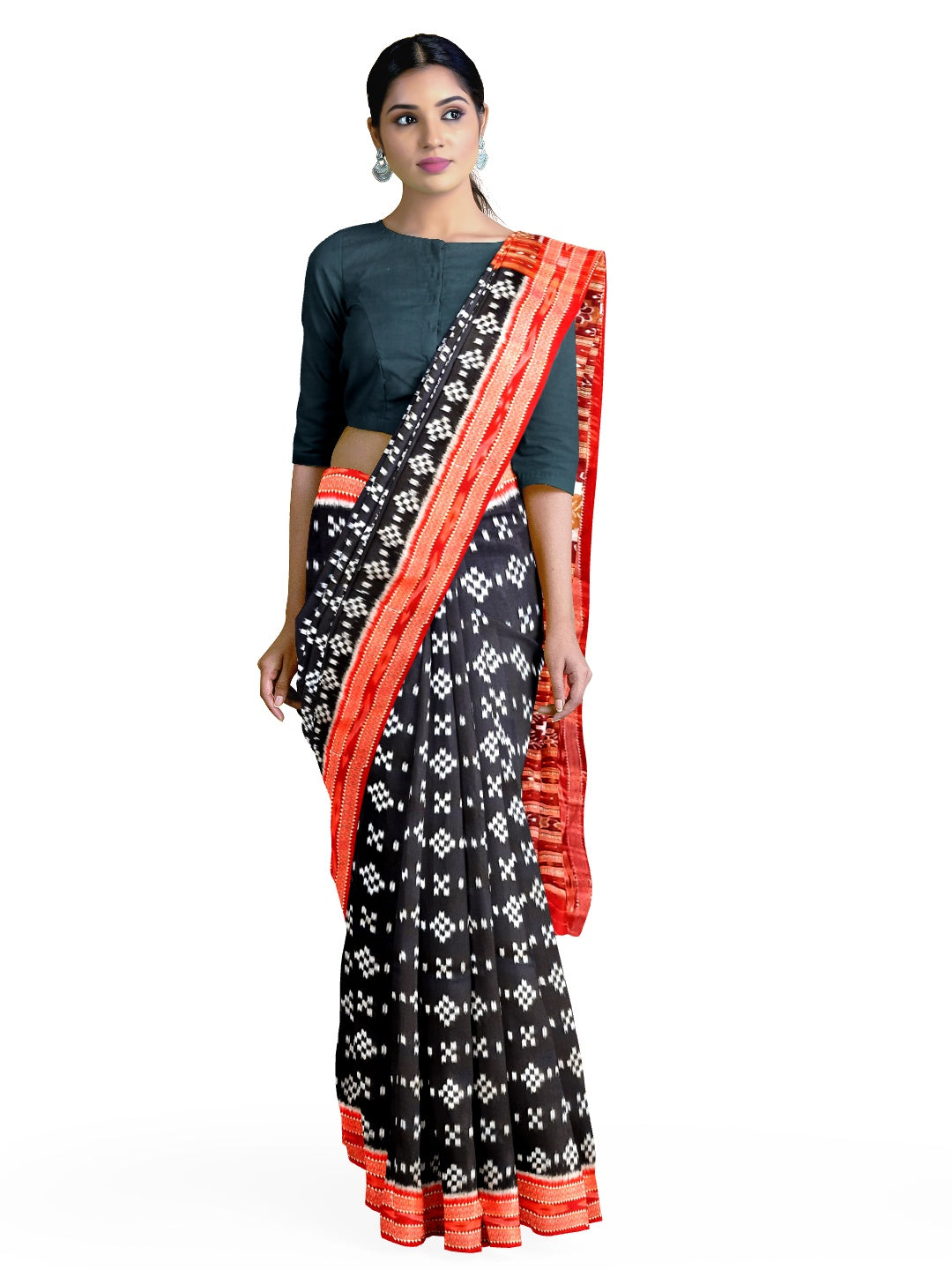 Black and Red Odisha Khandua Silk Saree with pasapalli motifs