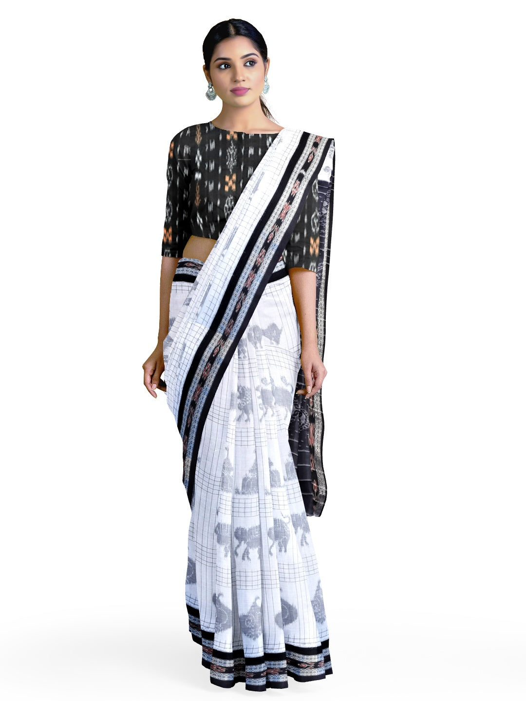 White and Black Cotton Odisha Ikat saree with sambalpuri ikat blouse piece
