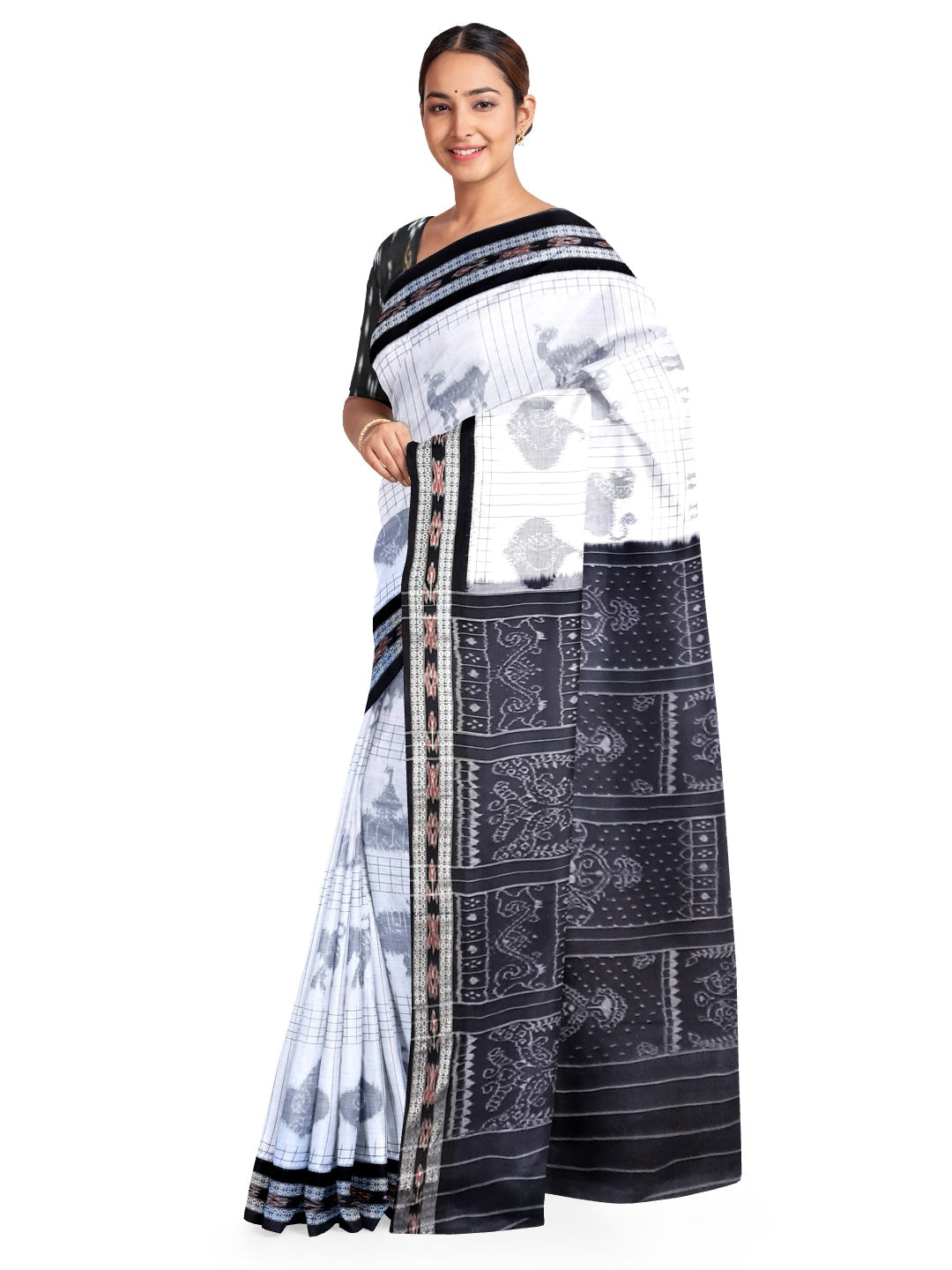 White and Black Cotton Odisha Ikat saree with sambalpuri ikat blouse piece