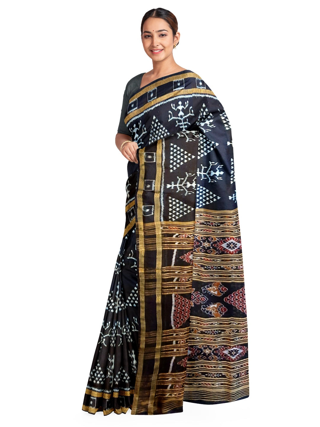 Black Odisha Khandua Silk Saree with woven jhoti chita art of Odisha