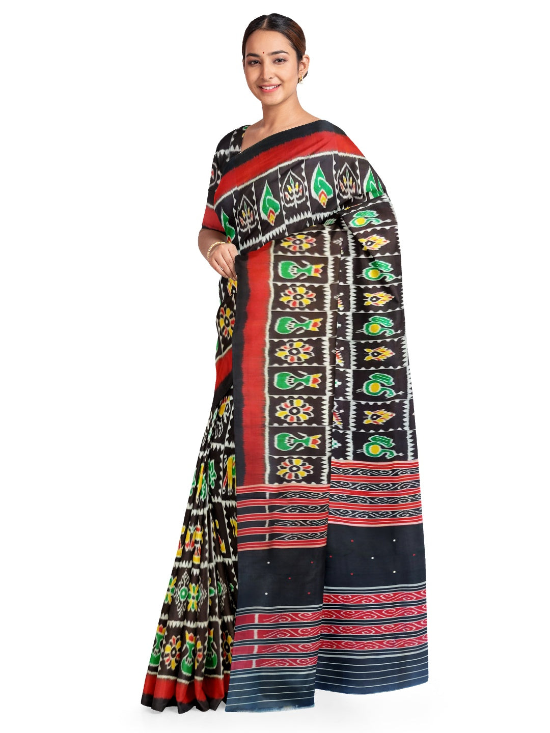 Black Khandua Nabakothi ikat Silk Saree with running blouse piece