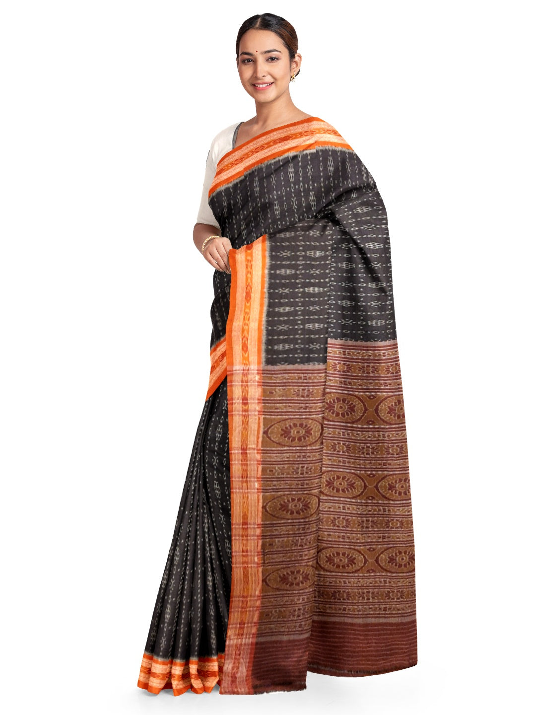 Black Cotton Sambalpuri Ikat Saree with matching blouse piece