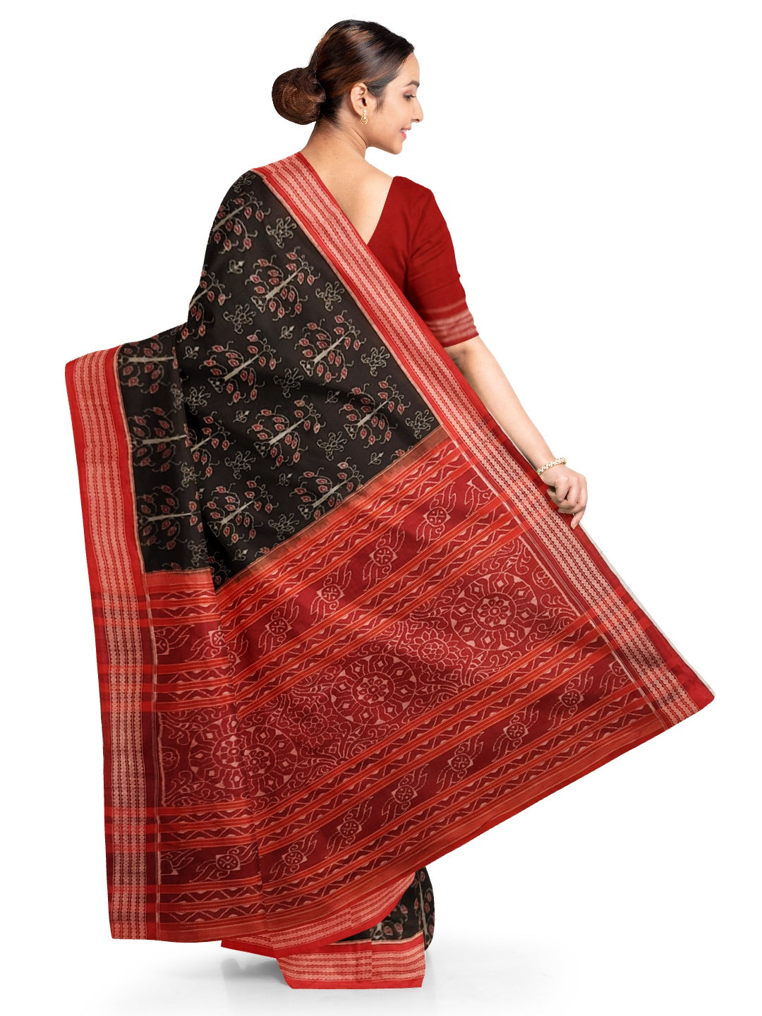 Black and Red Sambalpuri Bomkai Cotton Saree with blouse piece