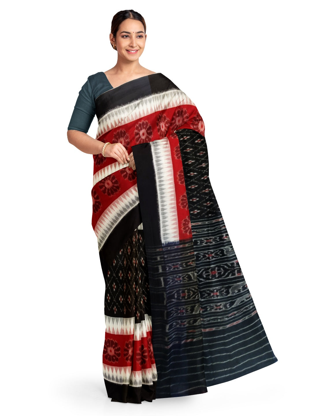 Black with white and red Cotton Odisha Ikat saree